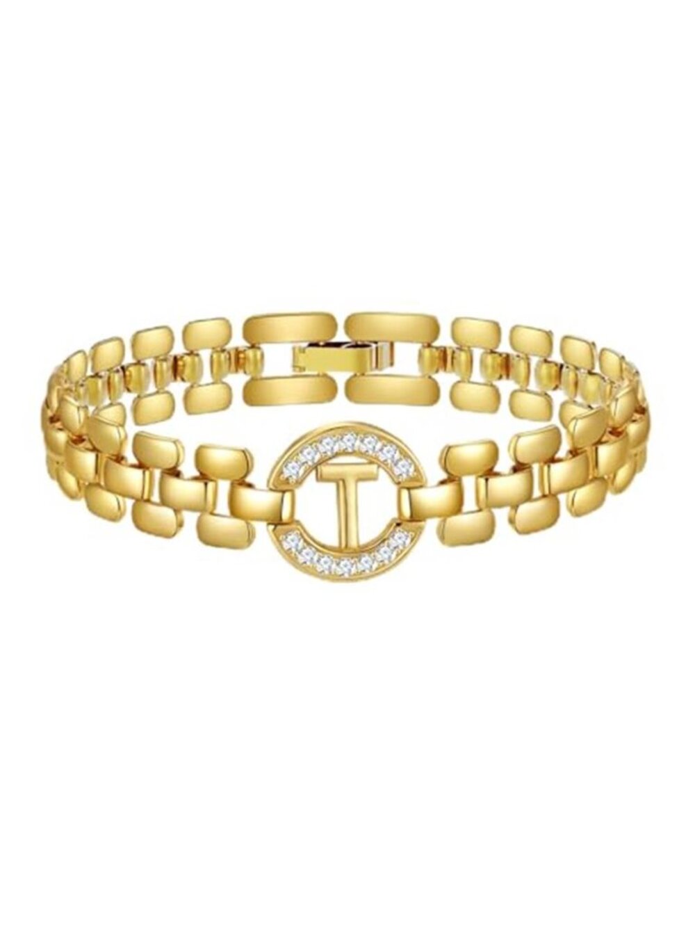Gold Initial Bracelet 14K Plated Letter A Z Charm Womens Box Chain 7 Inch CZ